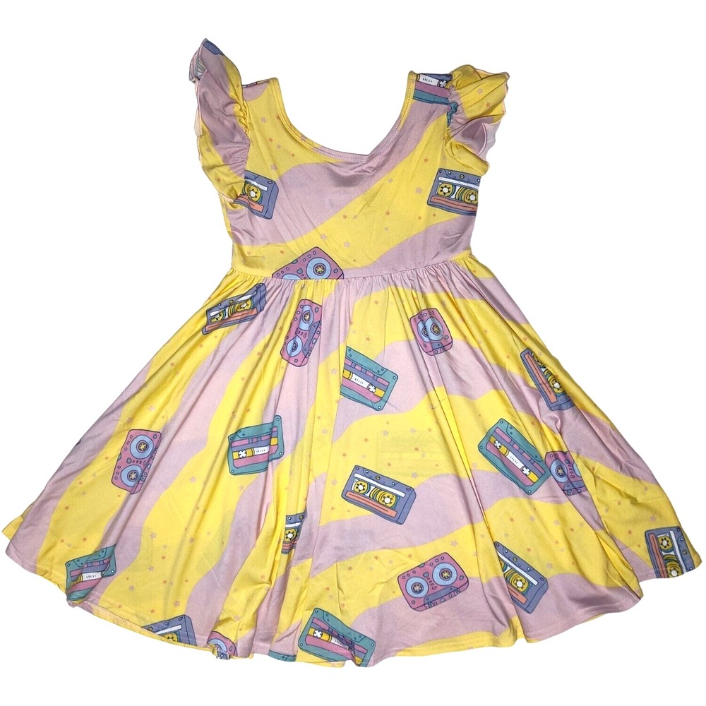 Dot Smile Girls Sz 7 Retro Cassette‎ Tape Empire Twirl Dress Yellow Pink NWT
